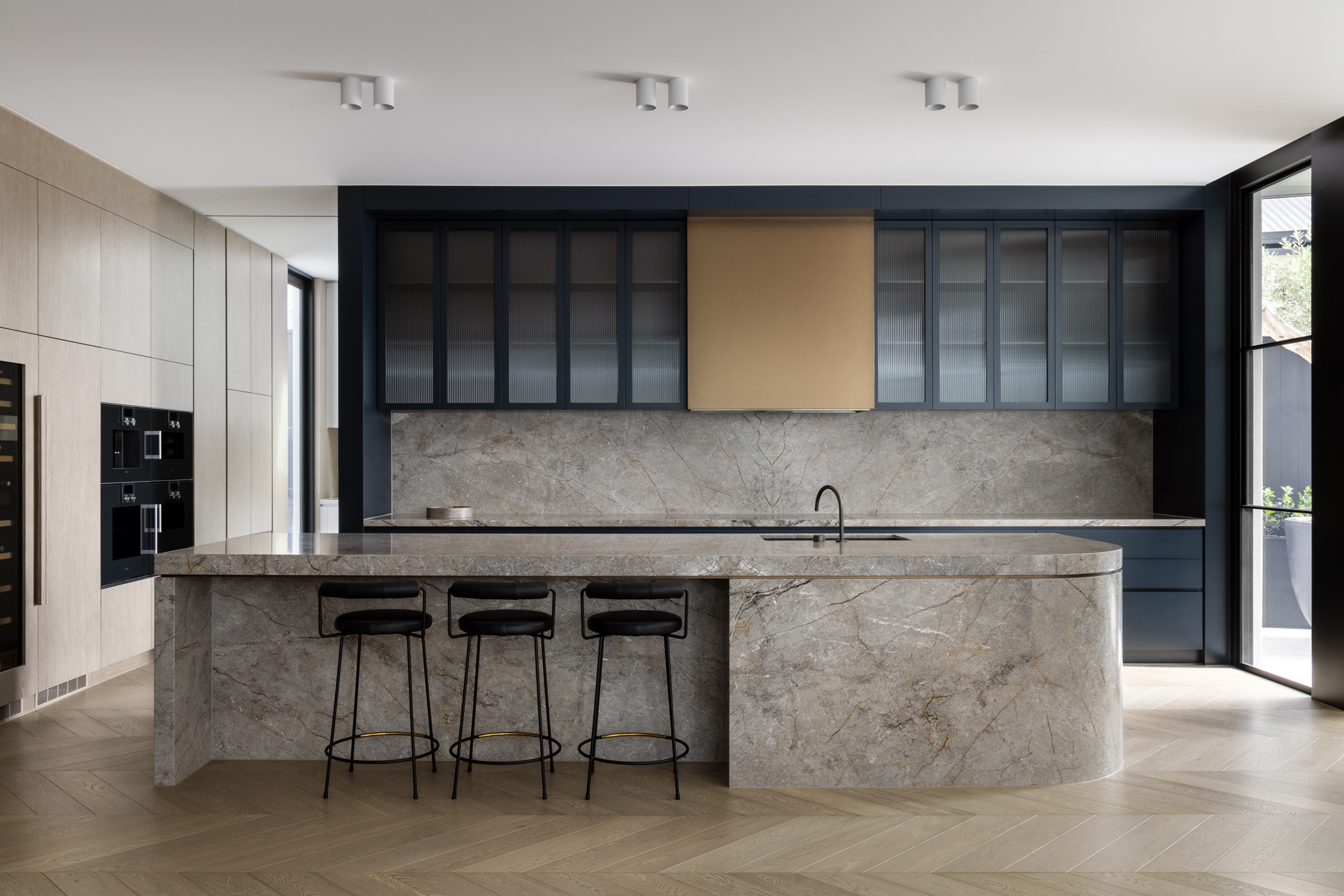 Herringbone parquetry floor in luxury Toorak kitchen